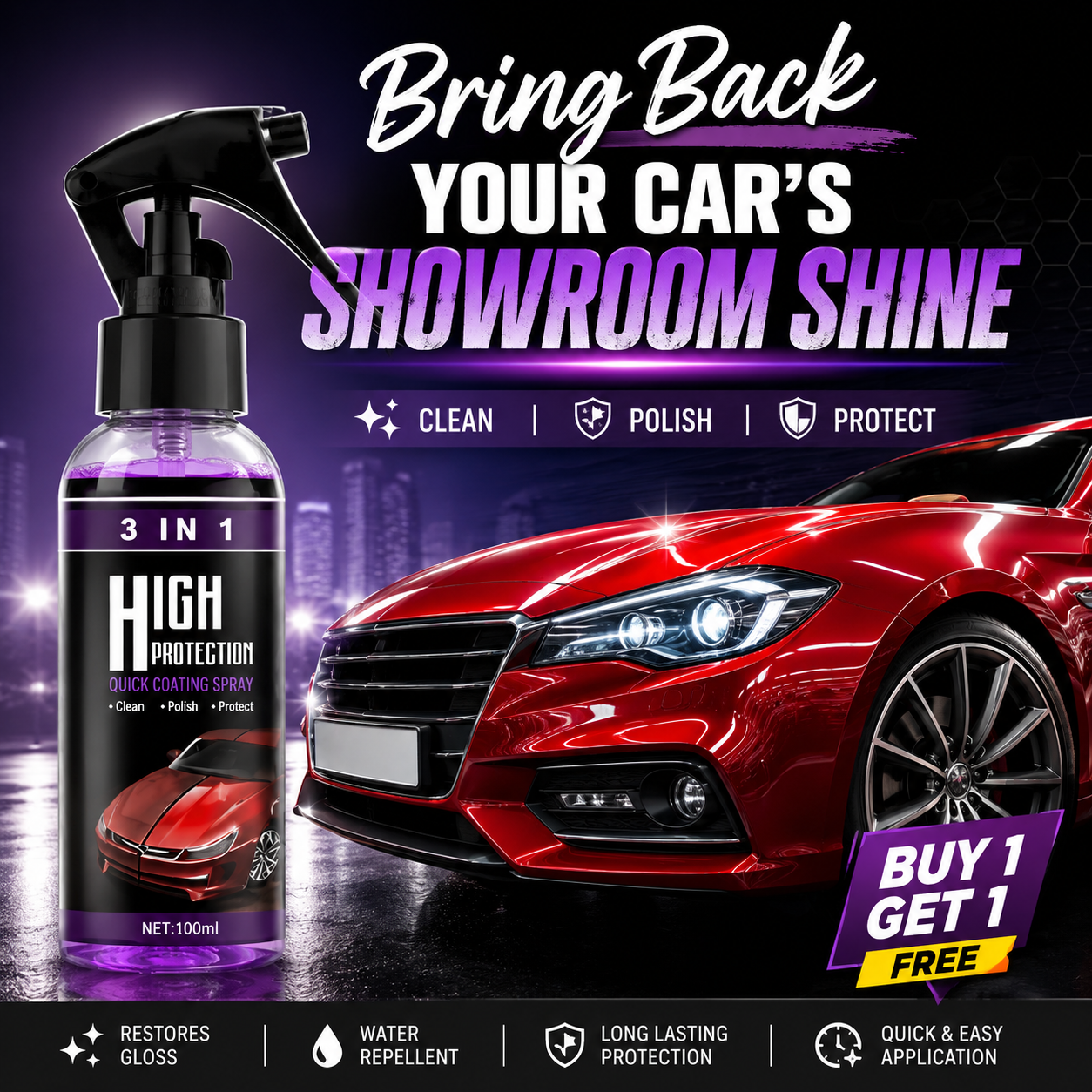 3-in-1 Car Coating Spray – Instant Shine & Protection | Buy 1 Get 1 FREE