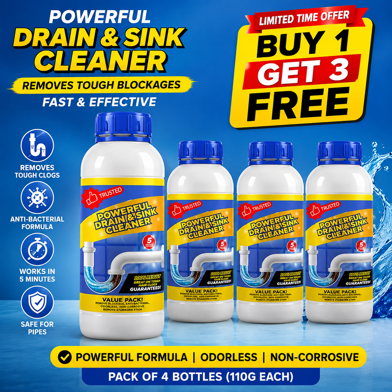 Power Drain™ Drain & Sink Cleaner (110g) | Instantly Removes Tough Pipe Blockages | Buy 1 Get 3 Free