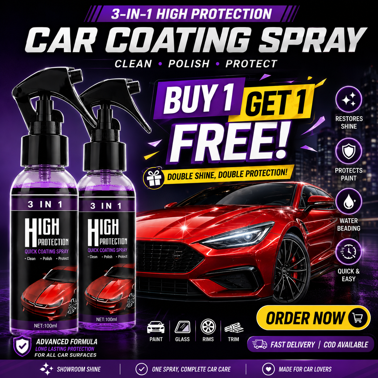 3-in-1 Car Coating Spray – Instant Shine & Protection | Buy 1 Get 1 FREE