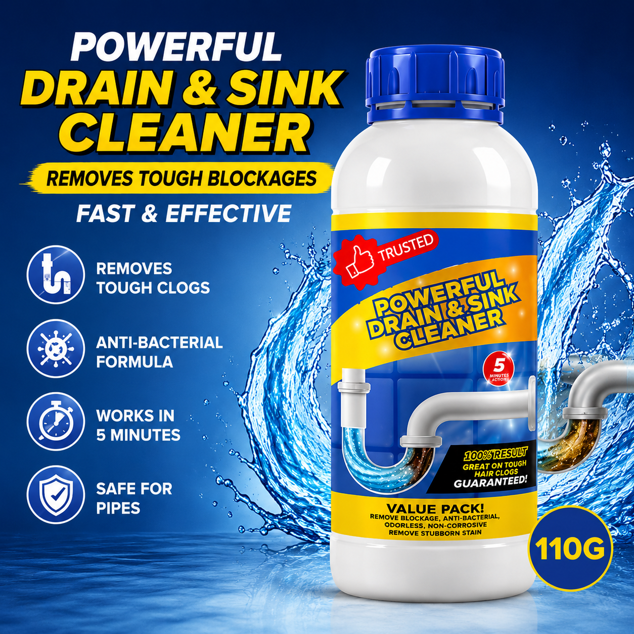 Power Drain™ Drain & Sink Cleaner (110g) | Instantly Removes Tough Pipe Blockages | Buy 1 Get 3 Free