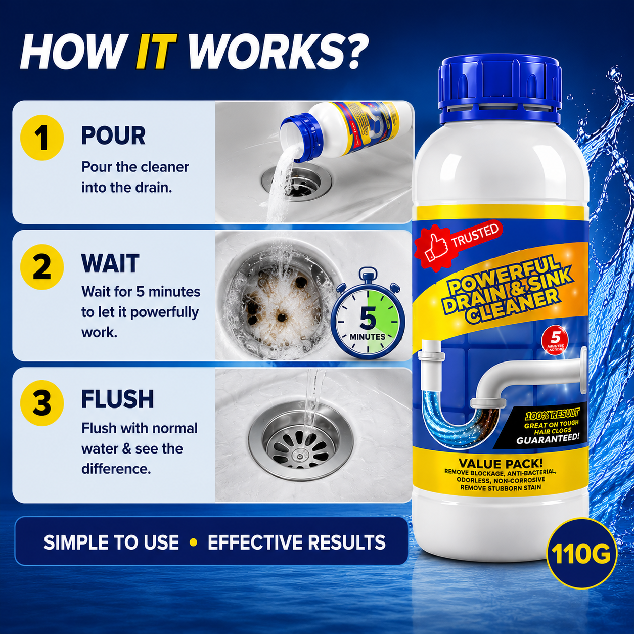Power Drain™ Drain & Sink Cleaner (110g) | Instantly Removes Tough Pipe Blockages | Buy 1 Get 3 Free