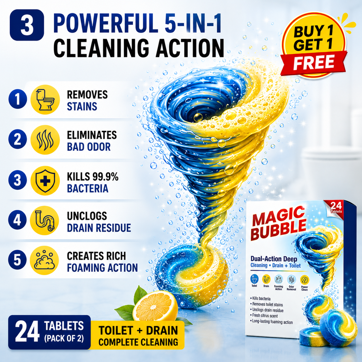 Magic Bubble™ Dual-Action Toilet & Drain Cleaning Tablets (24 Tablets) | Buy 1 Get 1 Free