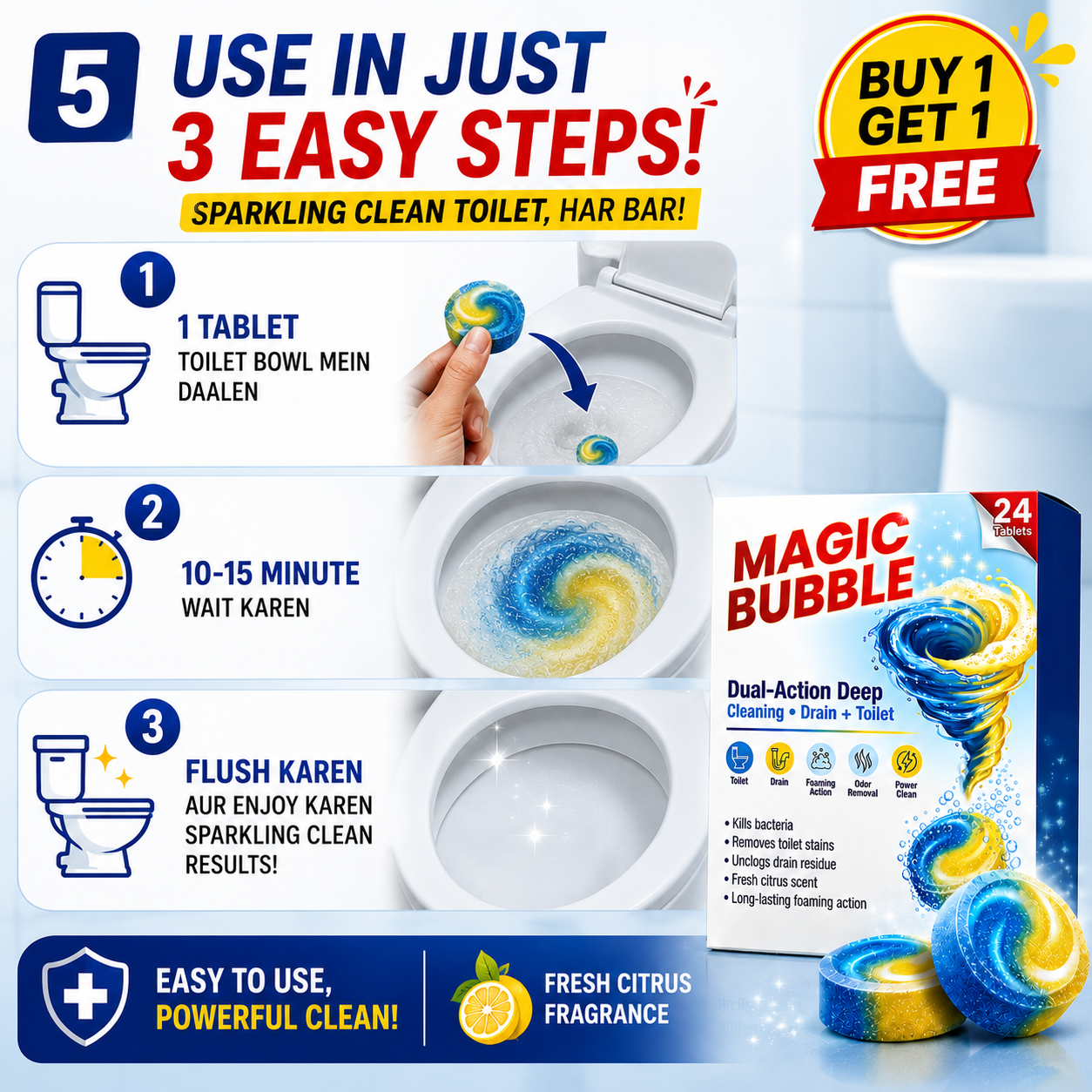 Magic Bubble™ Dual-Action Toilet & Drain Cleaning Tablets (24 Tablets) | Buy 1 Get 1 Free