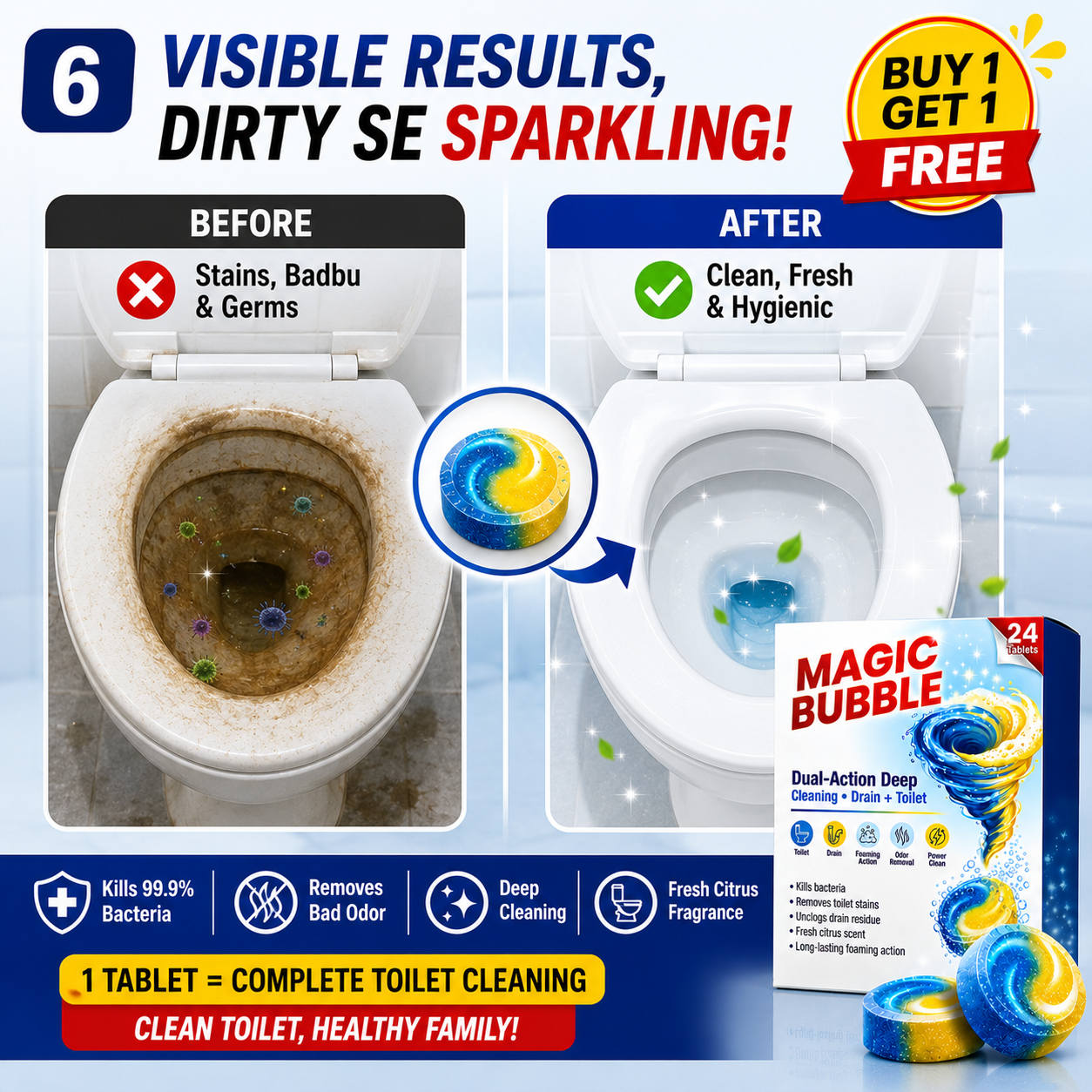 Magic Bubble™ Dual-Action Toilet & Drain Cleaning Tablets (24 Tablets) | Buy 1 Get 1 Free